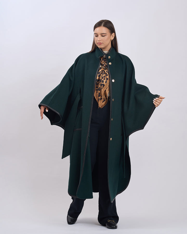 KIMONO LONG Virgin Wool Belted Cape Coat - Forest Green Black Leather Trim
