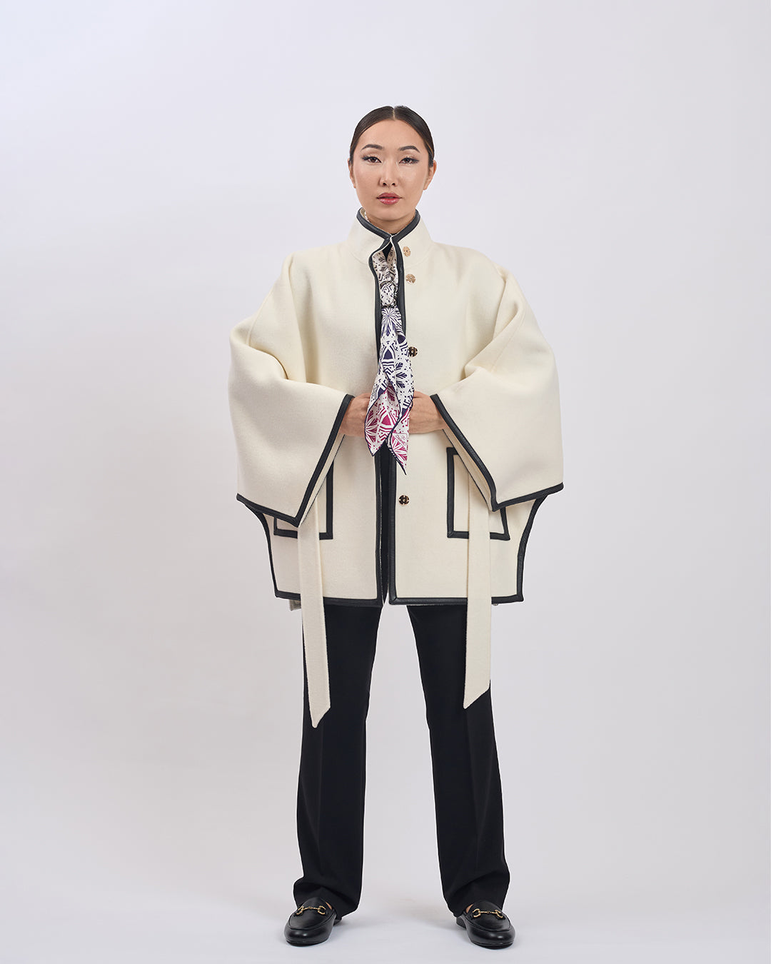 KIMONO PETITE Virgin Wool Belted Short Cape Coat - White Black Leather Trim