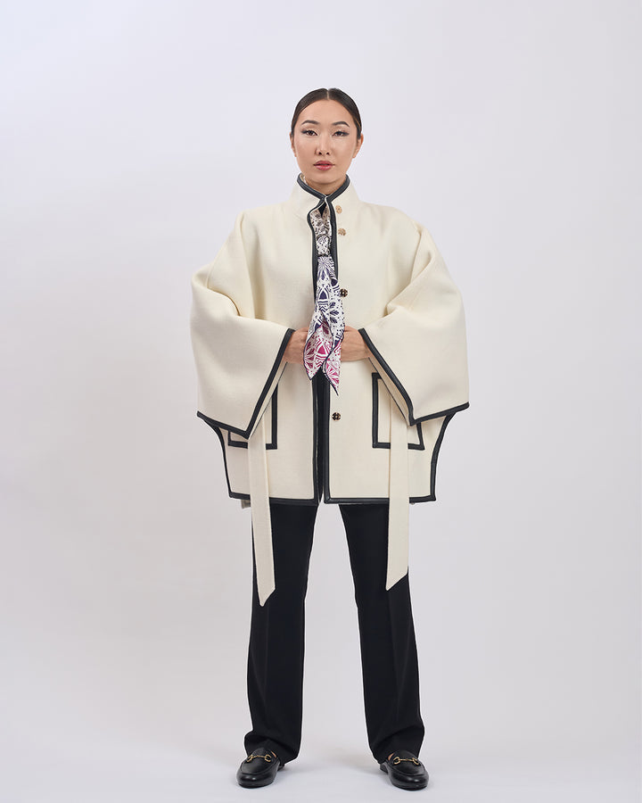 KIMONO PETITE Virgin Wool Belted Short Cape Coat - White Black Leather Trim