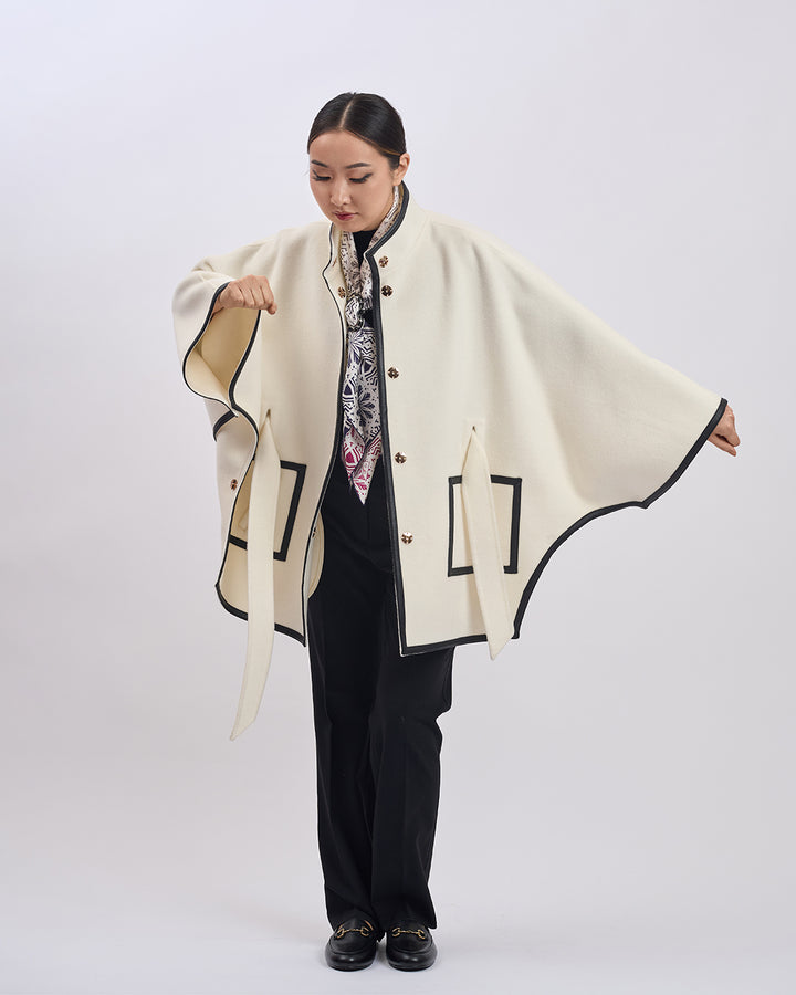 KIMONO PETITE Virgin Wool Belted Short Cape Coat - White Black Leather Trim