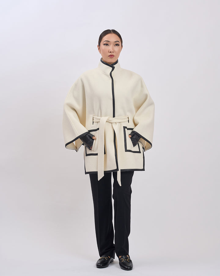 KIMONO PETITE Virgin Wool Belted Short Cape Coat - White Black Leather Trim