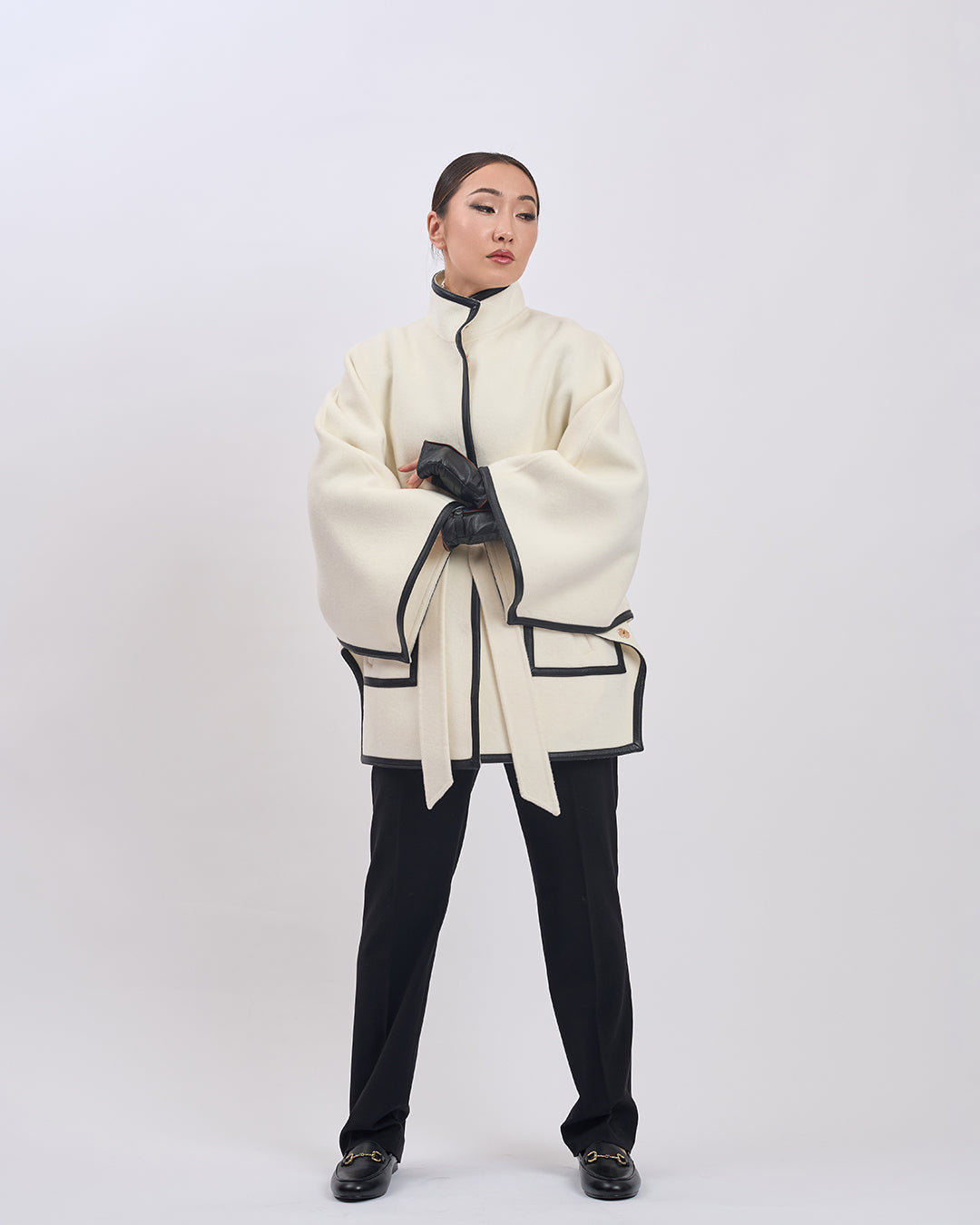 KIMONO PETITE Virgin Wool Belted Short Cape Coat - White Black Leather Trim