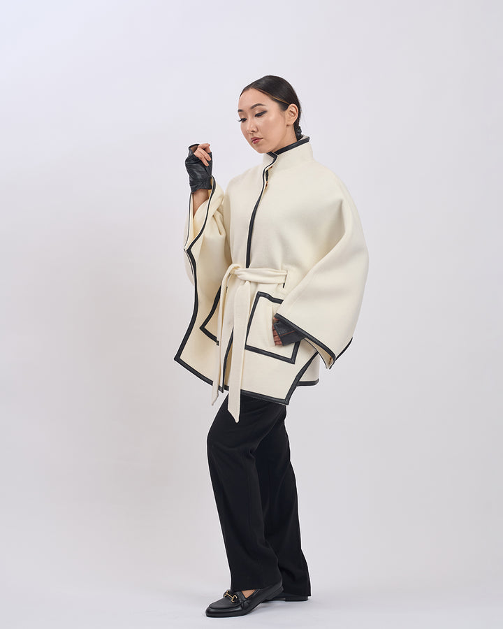 KIMONO PETITE Virgin Wool Belted Short Cape Coat - White Black Leather Trim