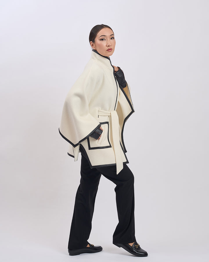 KIMONO PETITE Virgin Wool Belted Short Cape Coat - White Black Leather Trim