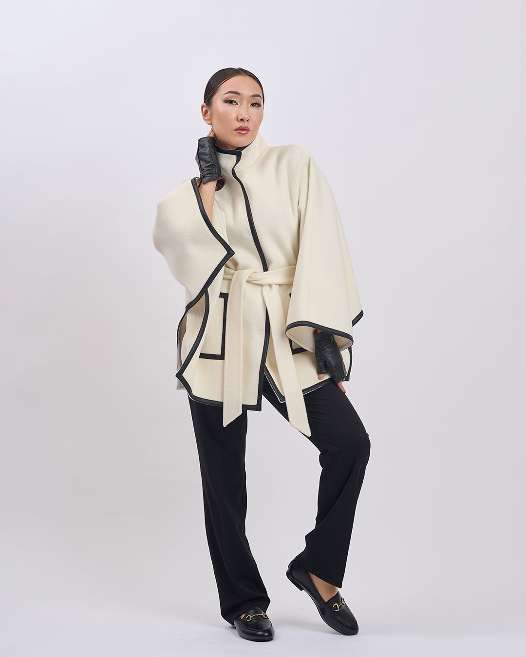 KIMONO PETITE Virgin Wool Belted Short Cape Coat - White Black Leather Trim