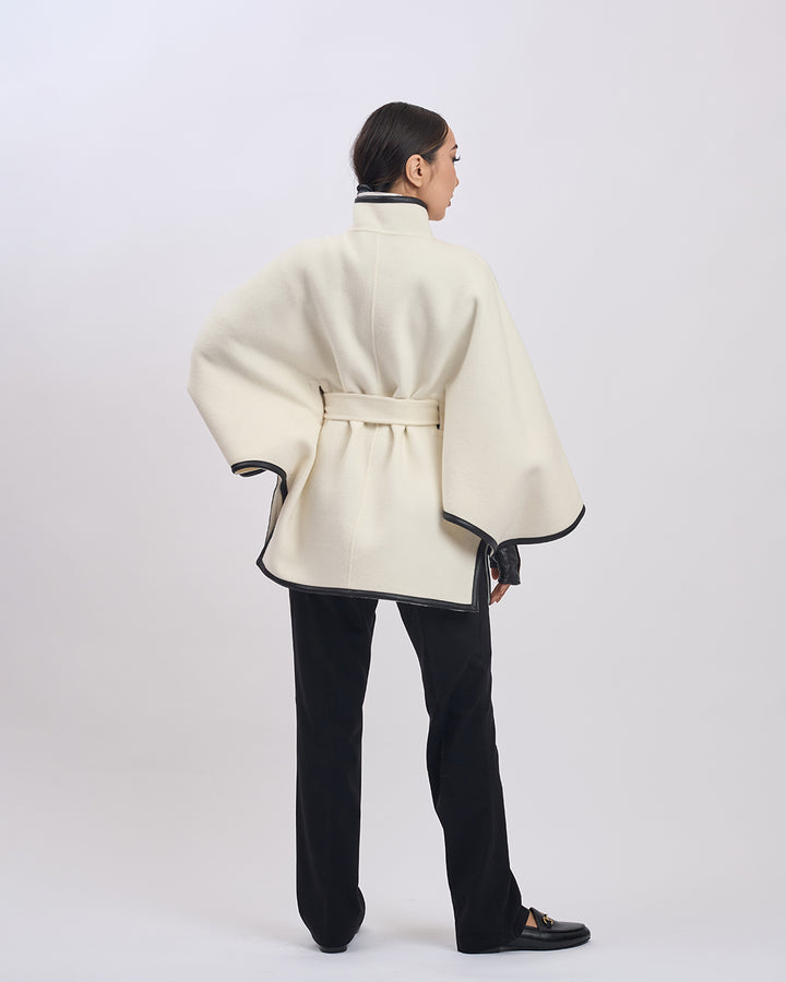 KIMONO PETITE Virgin Wool Belted Short Cape Coat - White Black Leather Trim