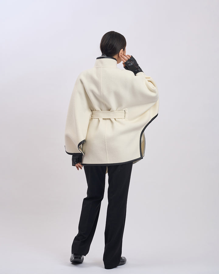 KIMONO PETITE Virgin Wool Belted Short Cape Coat - White Black Leather Trim