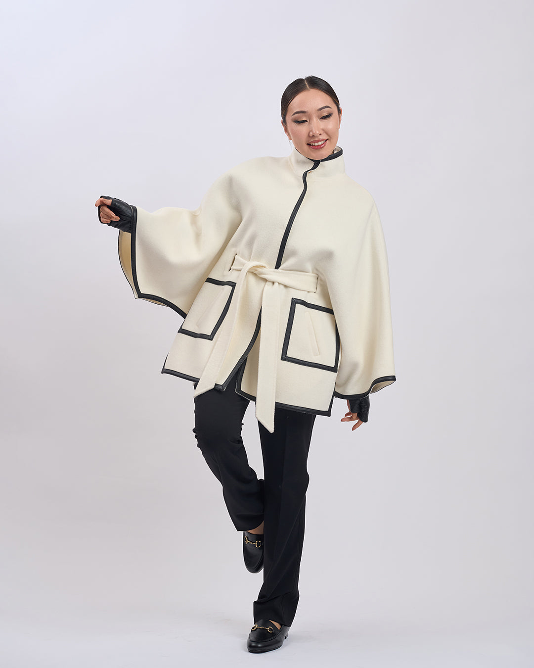 KIMONO PETITE Virgin Wool Belted Short Cape Coat - White Black Leather Trim