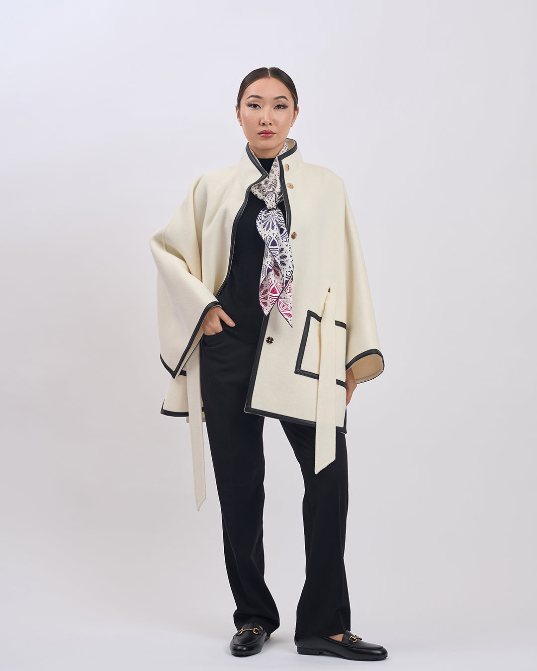 KIMONO PETITE Virgin Wool Belted Short Cape Coat - White Black Leather Trim