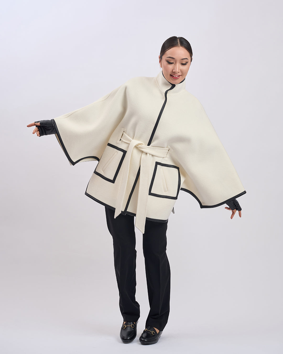 KIMONO PETITE Virgin Wool Belted Short Cape Coat - White Black Leather Trim