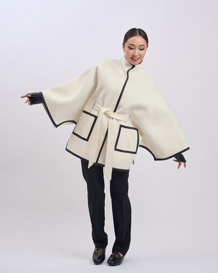 KIMONO PETITE Virgin Wool Belted Short Cape Coat - White Black Leather Trim