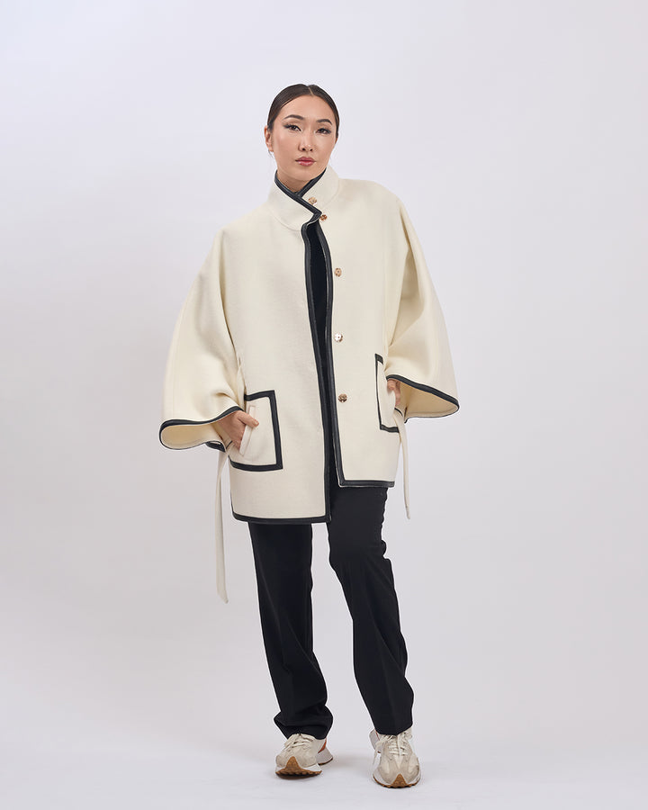 KIMONO PETITE Virgin Wool Belted Short Cape Coat - White Black Leather Trim