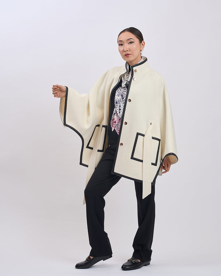 KIMONO PETITE Virgin Wool Belted Short Cape Coat - White Black Leather Trim