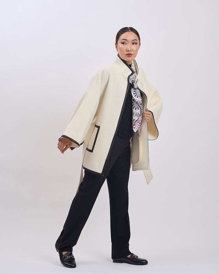 KIMONO PETITE Virgin Wool Belted Short Cape Coat - White Black Leather Trim