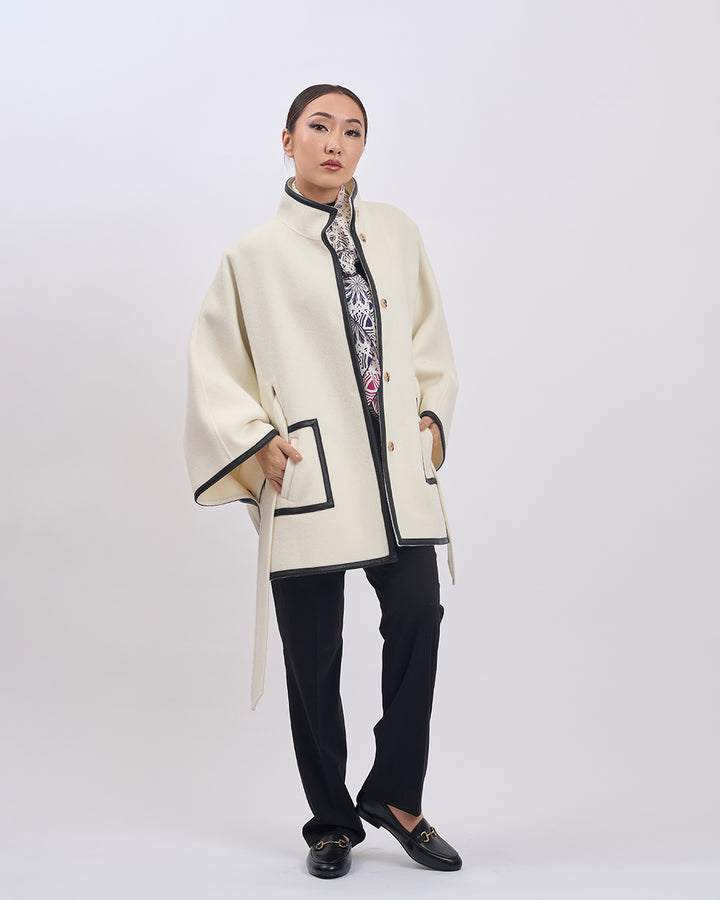 KIMONO PETITE Virgin Wool Belted Short Cape Coat - White Black Leather Trim