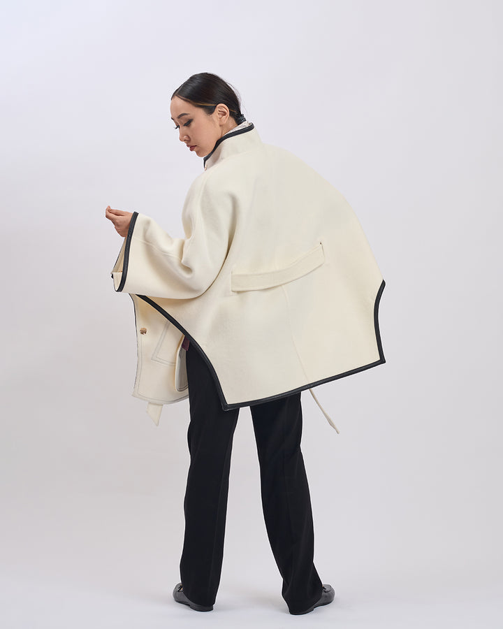 KIMONO PETITE Virgin Wool Belted Short Cape Coat - White Black Leather Trim