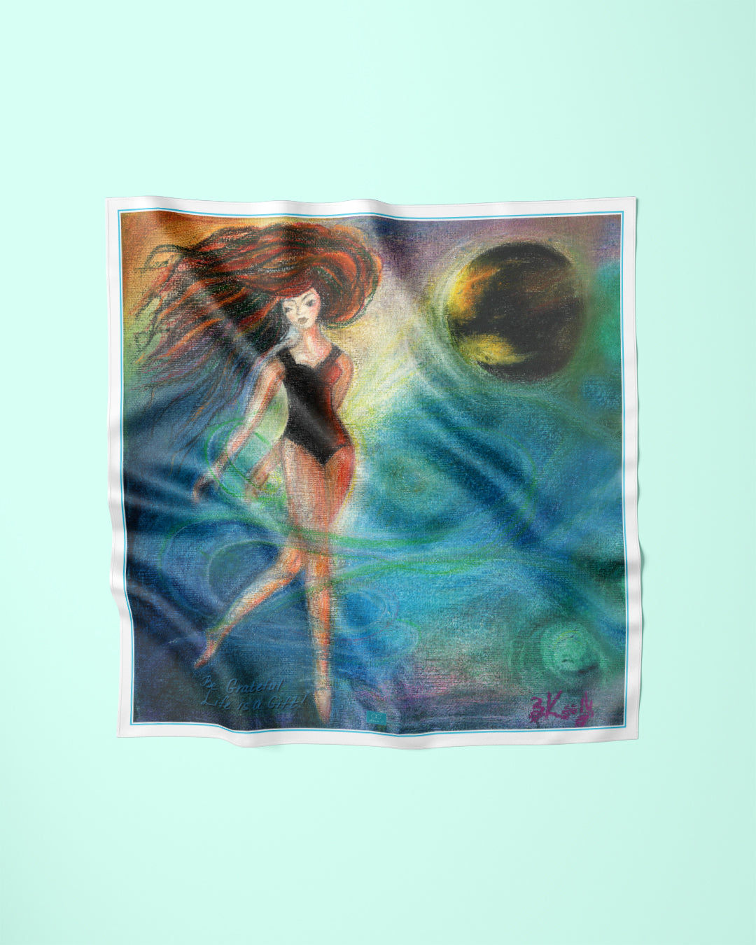 Lady Universe  Art Pure Silk Luxury Scarf Featuring Lady Sun and Earth and Brown Orange Yellow Green Blue Colors Art-A-Porte Silk Collection by Chicago Fashion Designer Alesia Chaika AlesiaC.com