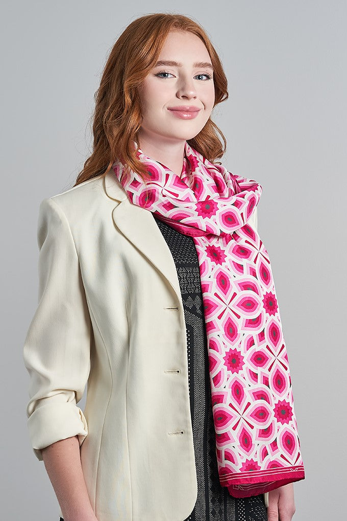 LOTUS Mandala 100% Silk Oblong Scarf in Pink White