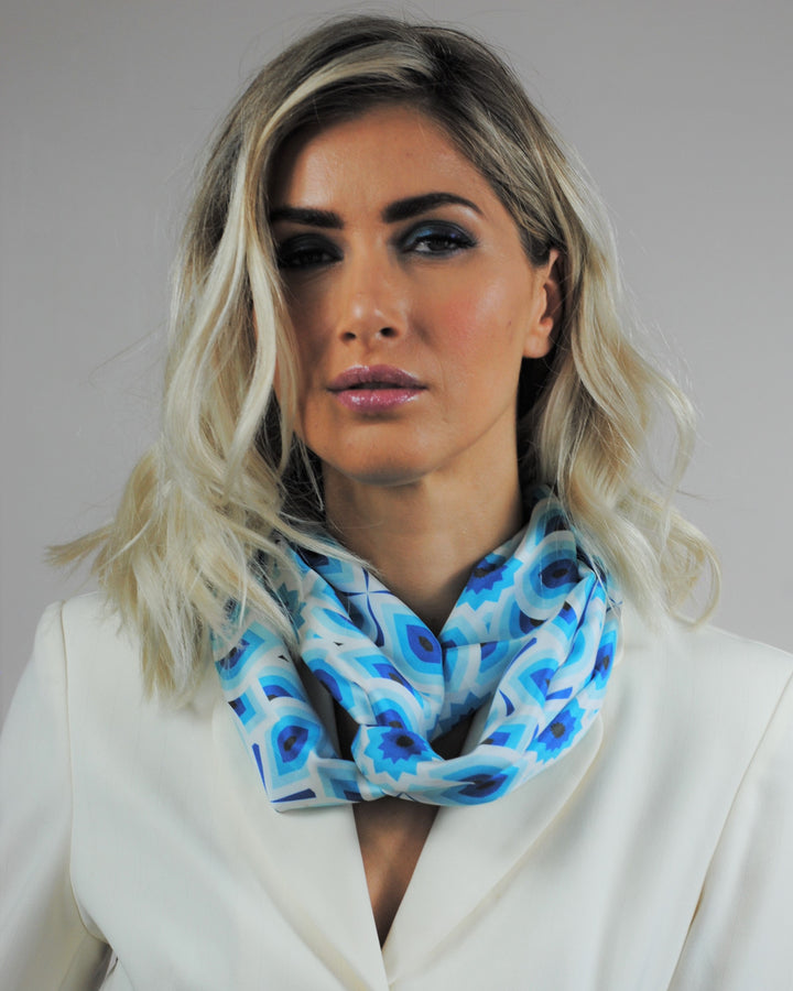 LOTUS Mandala Designer 100% Silk Long Rectangle Scarf in Blue White