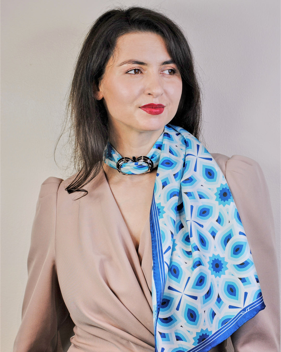 LOTUS Mandala Designer 100% Silk Long Rectangle Scarf in Blue White