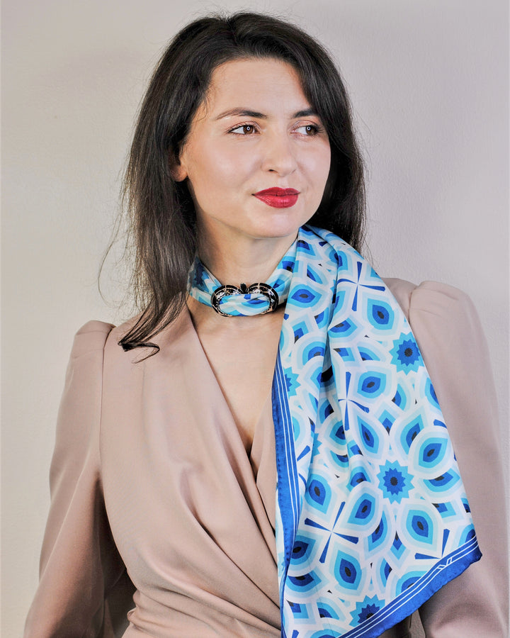 LOTUS Mandala Designer 100% Silk Long Rectangle Scarf in Blue White