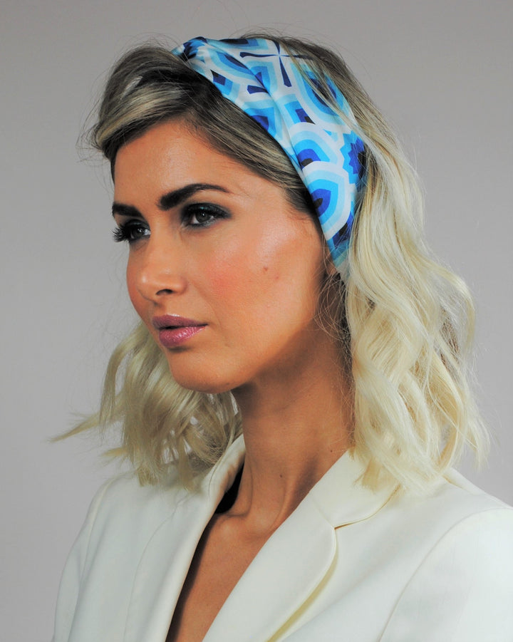 LOTUS Mandala Designer 100% Silk Long Rectangle Scarf in Blue White