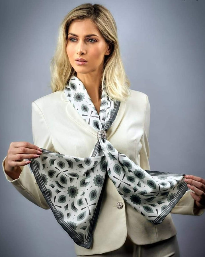 LOTUS Mandala Designer 100% Silk Long Rectangle Scarf in Gray White