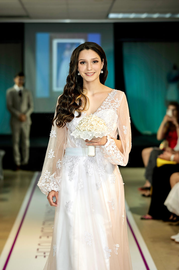 VIOLET Long Sleeves V Neck Venice Lace Blush Tulle Bridal Gown