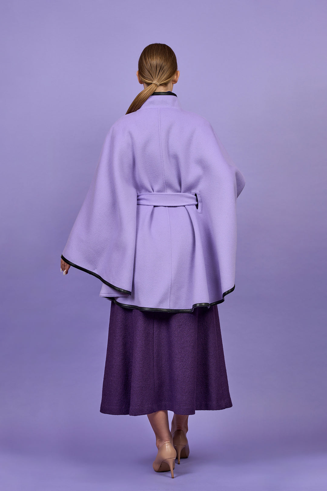 Luxury Lavender Belted Cape Coat in Virgin Wool Cashmere With Black Leather Trim in Lake Forest Shop, Illinois, USA fashion designer Alesia C. boutique AlesiaC,com