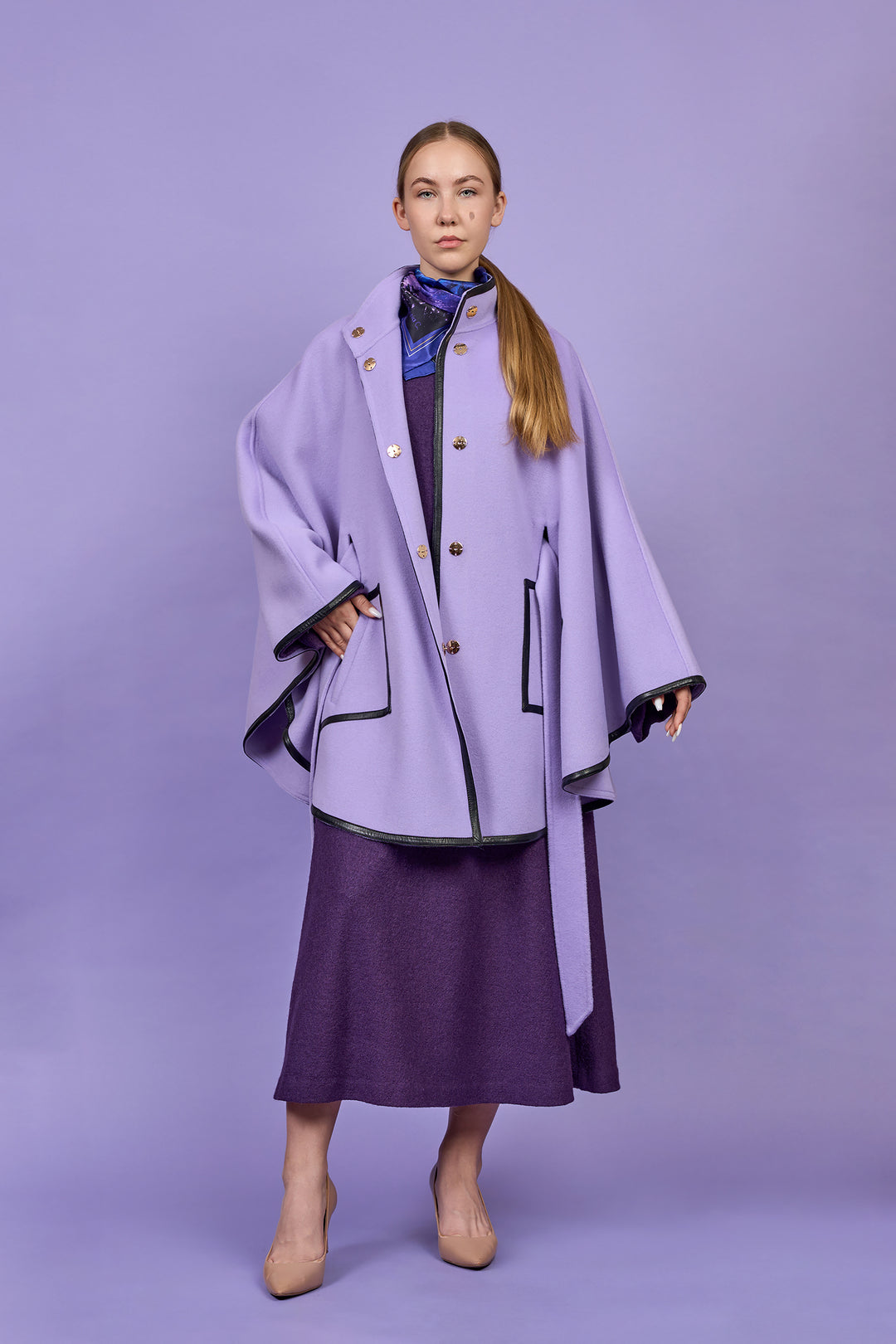 Luxury Lavender Belted Cape Coat in Virgin Wool Cashmere With Black Leather Trim in Lake Forest Shop, Illinois, USA fashion designer Alesia C. boutique AlesiaC,com