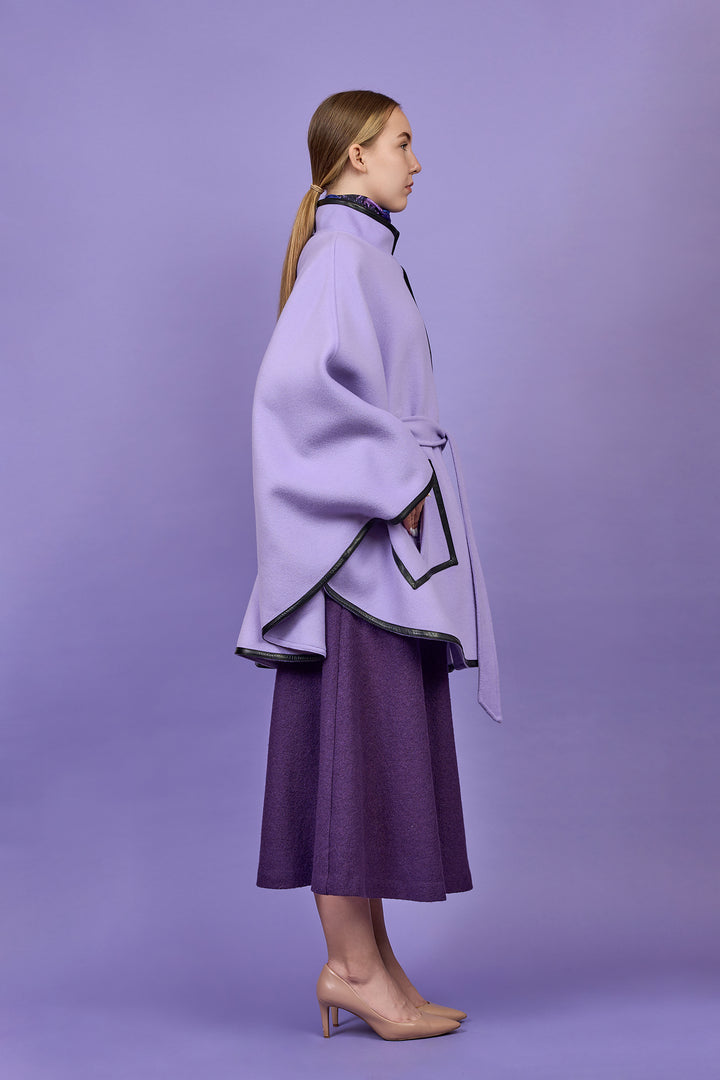 Luxury Lavender Belted Cape Coat in Virgin Wool Cashmere With Black Leather Trim in Lake Forest Shop, Illinois, USA fashion designer Alesia C. boutique AlesiaC,com