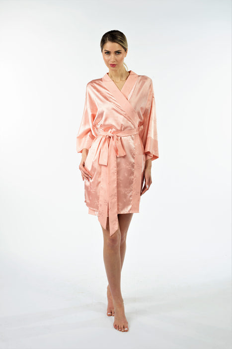 Bliss sleep Silk-Jacquard Kimono Robe Peach
