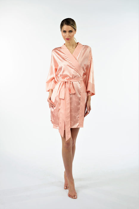 BlissSleep Silk-Jacquard Kimono Robe Peach