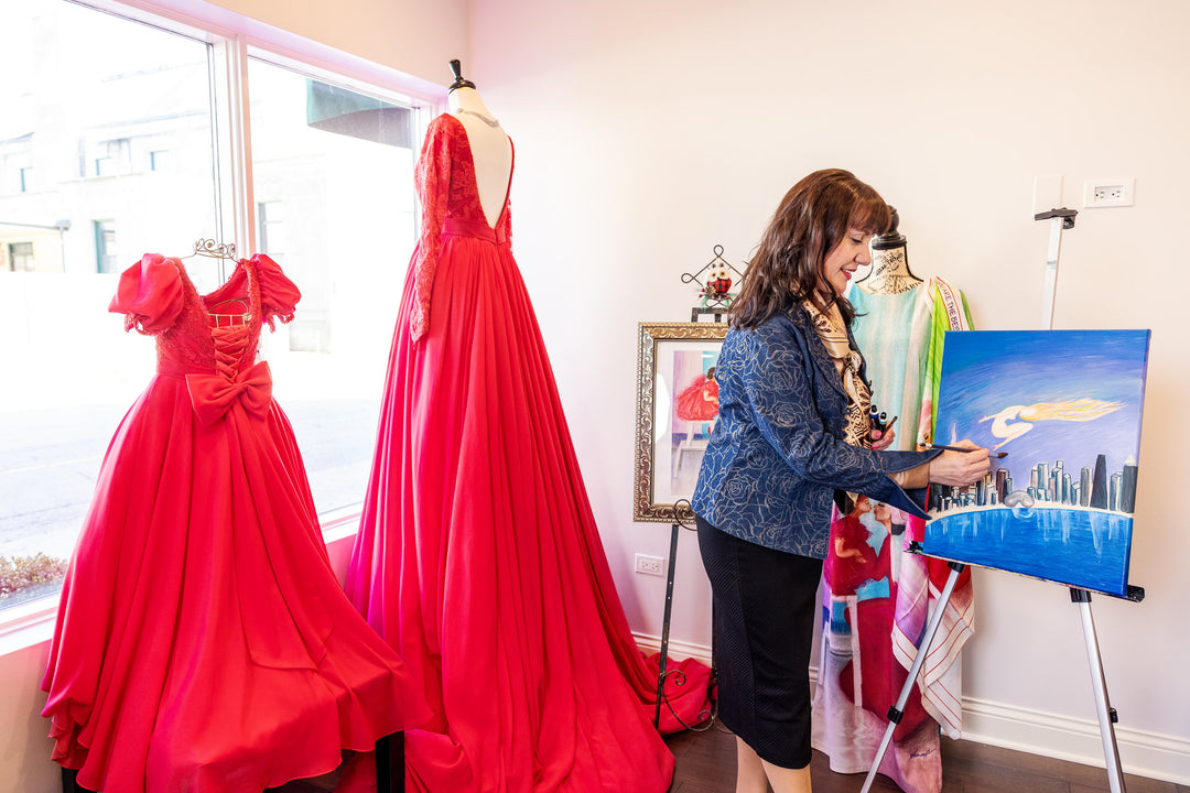 Luxury Fashion Designer Alesia Chaika in her fashion House Lake Forest Illinois USA is Painting Midnight Muse Artwork Art A Porte Silk Scarves Collection AlesiaC.com