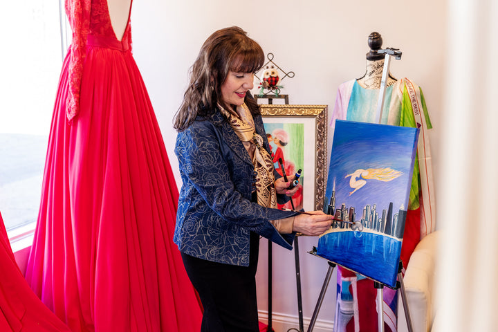 Luxury Fashion Designer Alesia Chaika in her fashion House Lake Forest Illinois USA is Painting Midnight Muse Artwork Art A Porte Silk Scarves Collection AlesiaC.com