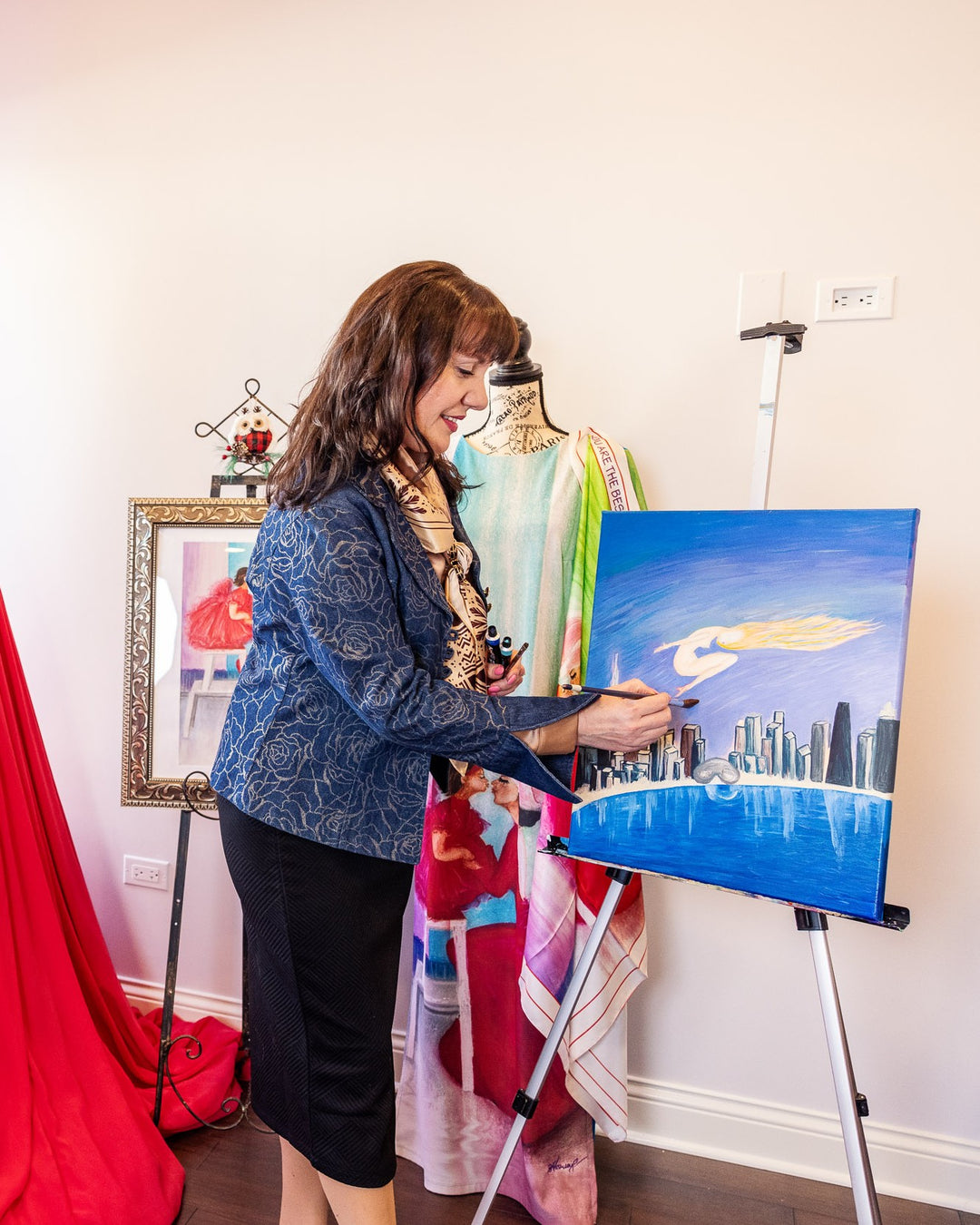 Luxury Fashion Designer Alesia Chaika in her fashion House Lake Forest Illinois USA is Painting Midnight Muse Artwork Art A Porte Silk Scarves Collection AlesiaC.com