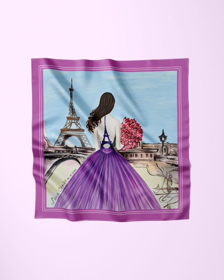 MEET ME IN PARIS Lavender Designer Silk Scarf Art A Porte by Alesia Chaika