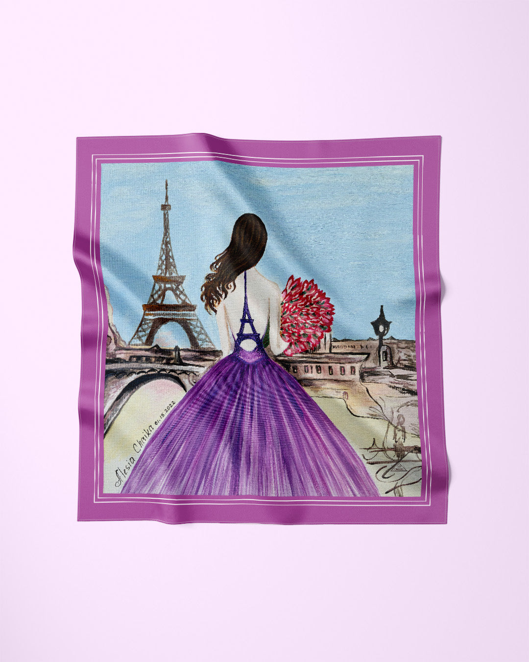 MEET ME IN PARIS Lavender Designer Silk Scarf Art A Porte by Alesia Chaika