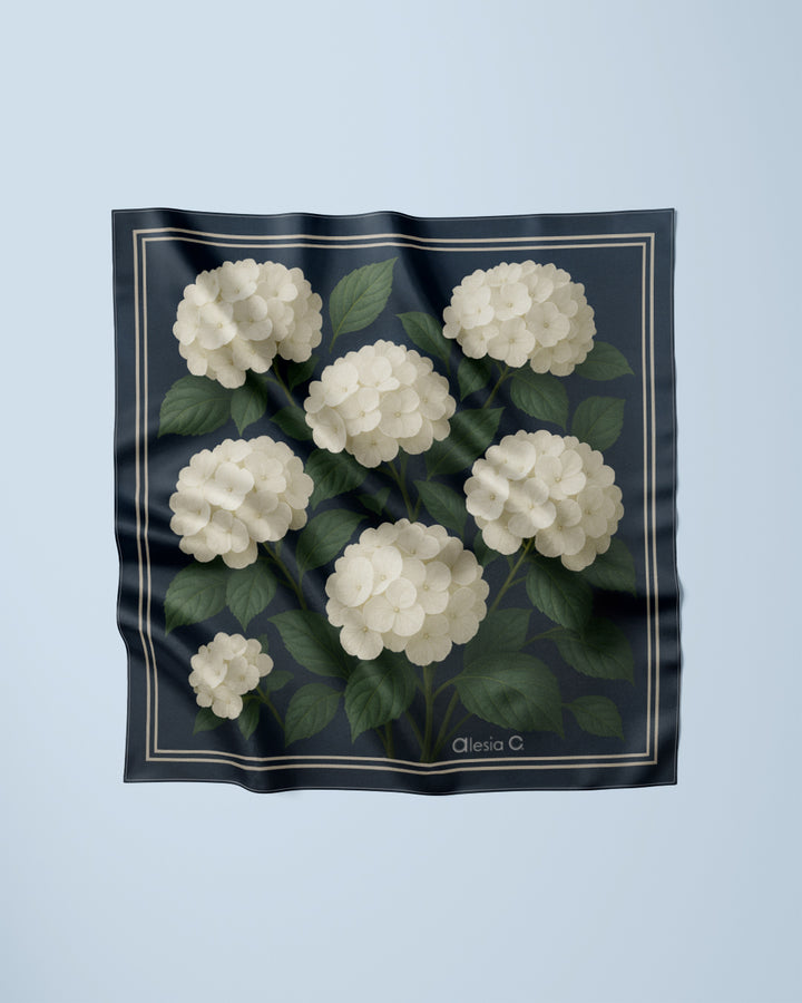White Dark Navy Blue and Green Leaves Midnight Hydrangea Luxury Designer 100% Pure Mulberry Silk Square Scarf by Alesia Chaika AlesiaC.com 