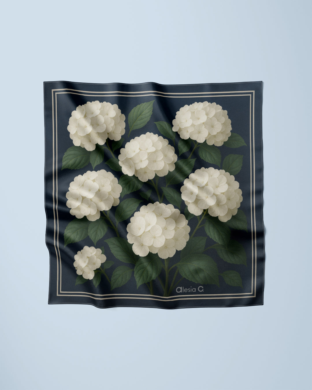 Midnight Hydrangea Cream Navy Blue Silk Pocket Square by Alesia Chaika