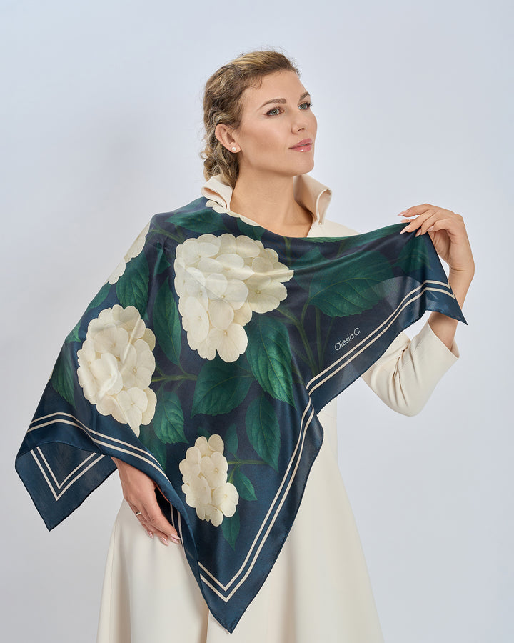 White Dark Navy Blue and Green Leaves Opulent Hydrangea Luxury Designer 100% Pure Mulberry Silk Square Scarf by Alesia Chaika AlesiaC.com