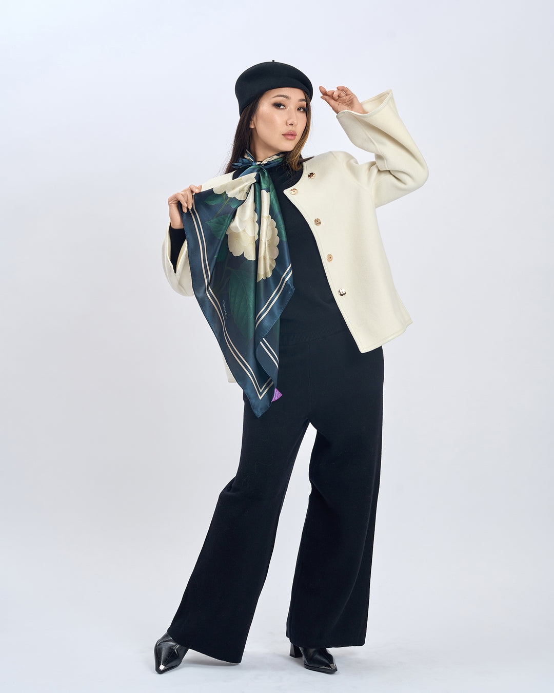 White Dark Navy Blue and Green Leaves Opulent Hydrangea Luxury Designer 100% Pure Mulberry Silk Square Scarf by Alesia Chaika AlesiaC.com