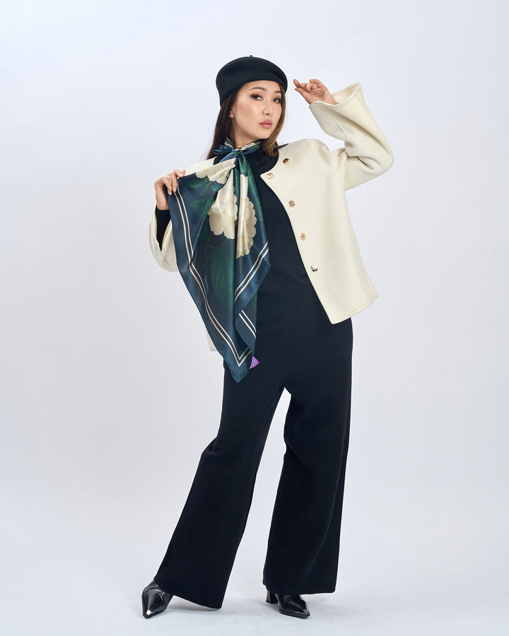 White Dark Navy Blue and Green Leaves Opulent Hydrangea Luxury Designer 100% Pure Mulberry Silk Square Scarf by Alesia Chaika AlesiaC.com