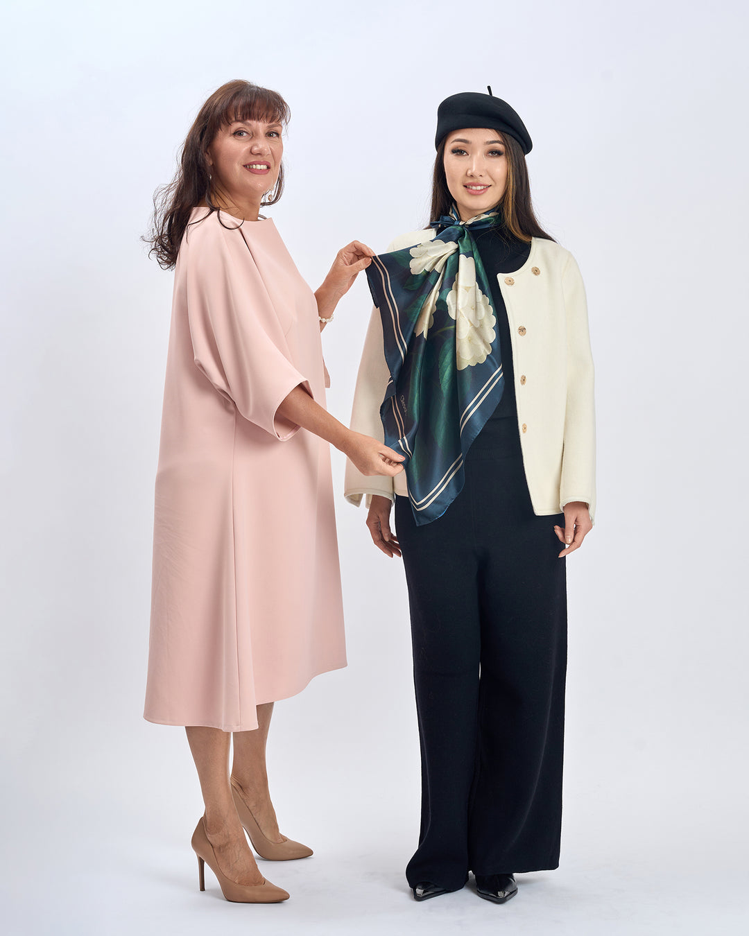 White Dark Navy Blue and Green Leaves Opulent Hydrangea Luxury Designer 100% Pure Mulberry Silk Square Scarf by Alesia Chaika AlesiaC.com