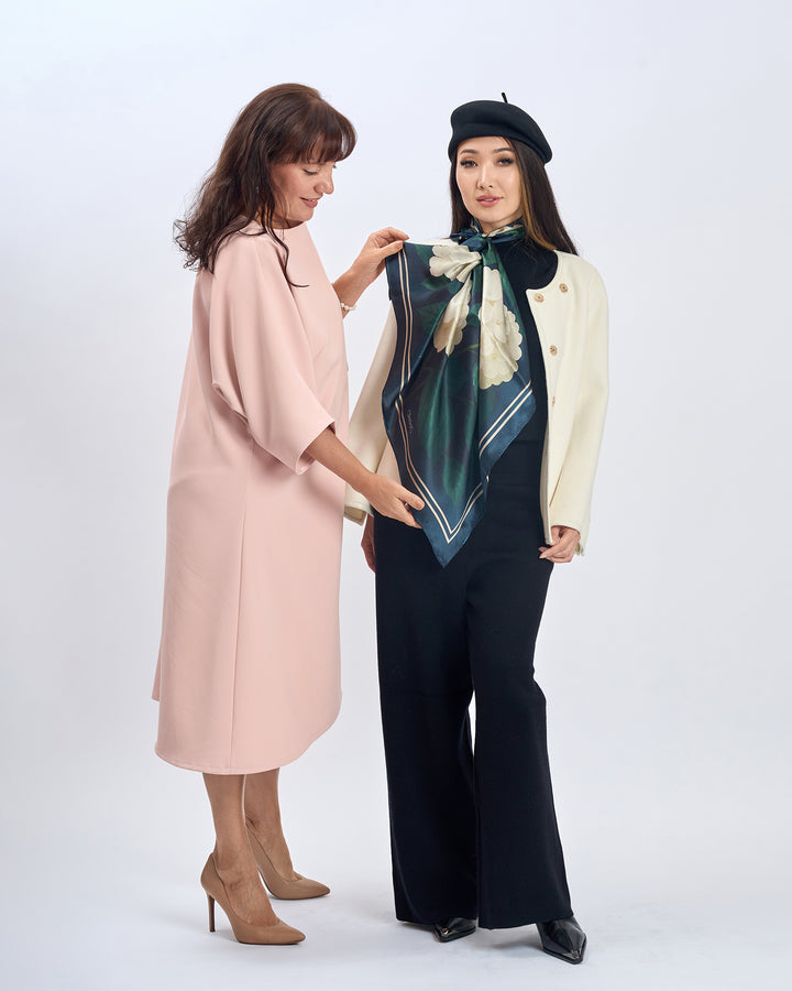 White Dark Navy Blue and Green Leaves Opulent Hydrangea Luxury Designer 100% Pure Mulberry Silk Square Scarf by Alesia Chaika AlesiaC.com