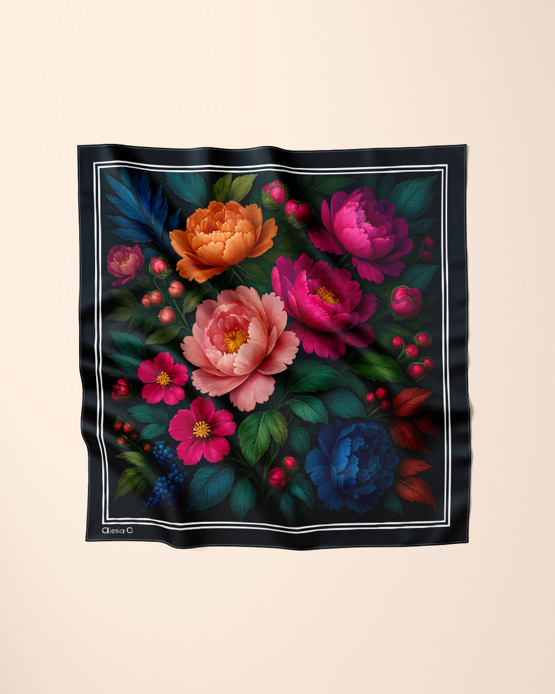 Midnight Peonies Black Pink Orange Green Blue Silk Pocket Square by Alesia Chaika
