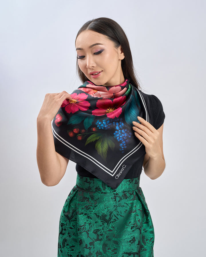 Midnight Peonies Pure Silk Scarf in Pink Orange Blue Green and Black  – Alesia C. Floral Collection by Artist and Fashion Designer Alesia Chaika AlesiaC.com
