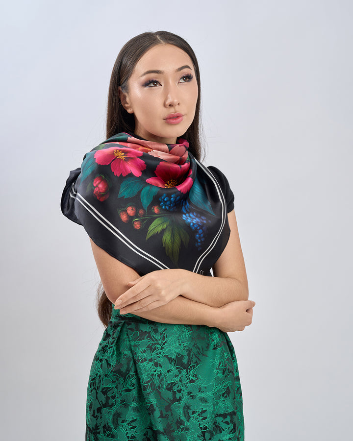 Midnight Peonies Pure Silk Scarf in Pink Orange Blue Green and Black  – Alesia C. Floral Collection by Artist and Fashion Designer Alesia Chaika AlesiaC.com