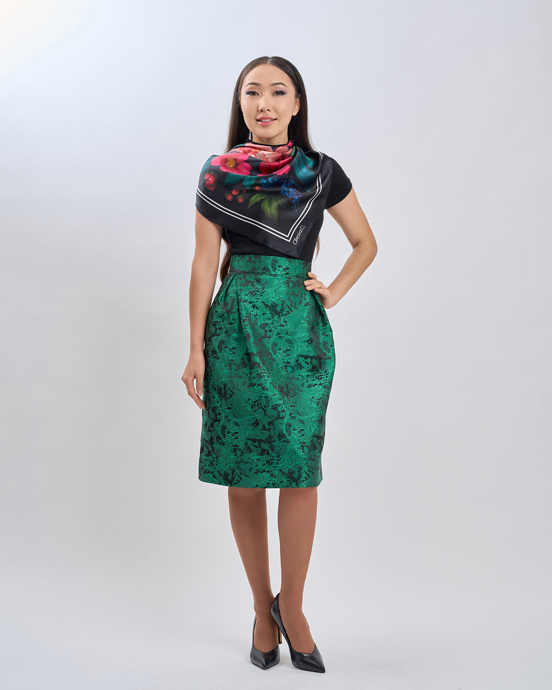 Midnight Peonies Pure Silk Scarf in Pink Orange Blue Green and Black  – Alesia C. Floral Collection by Artist and Fashion Designer Alesia Chaika AlesiaC.com