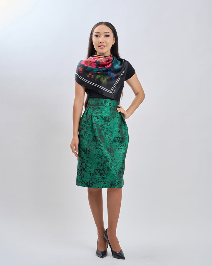 Midnight Peonies Pure Silk Scarf in Pink Orange Blue Green and Black  – Alesia C. Floral Collection by Artist and Fashion Designer Alesia Chaika AlesiaC.com